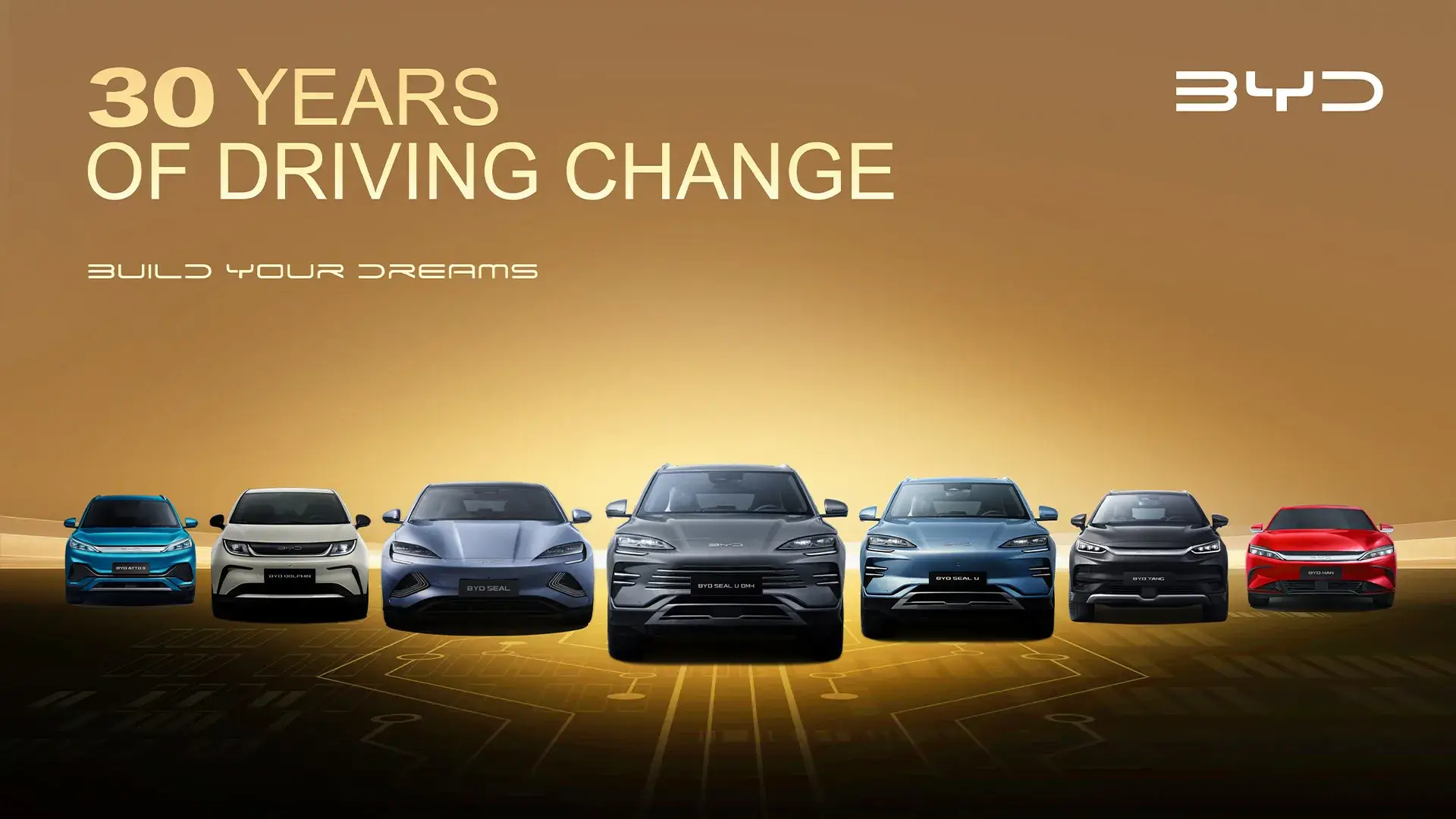 30 Jahre BYD Driving Change - Darstellung verschiedener BYD Modelle