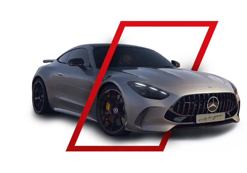 Mercedes-Benz AMG grau, stilisiert in rotem Rahmen