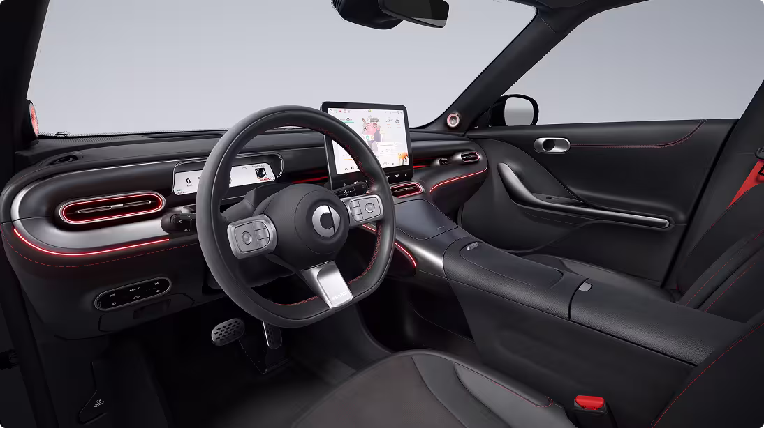 smart Interior Blick auf vorne, Lenkrad und Display zu sehen